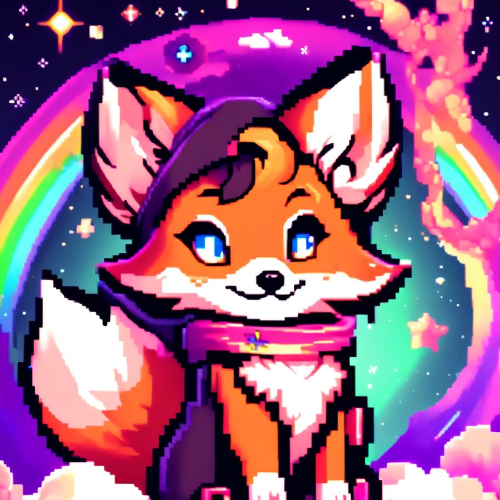 Pixel art profile picture featuring a new adorable fox with bright eyes and a cheerful pose against a cosmic background.