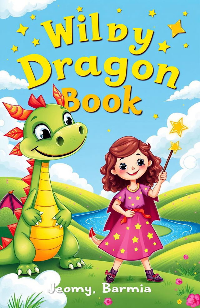 A whimsical and colorful children’s book cover featuring a friendly dragon and a brave little girl holding a magical wand