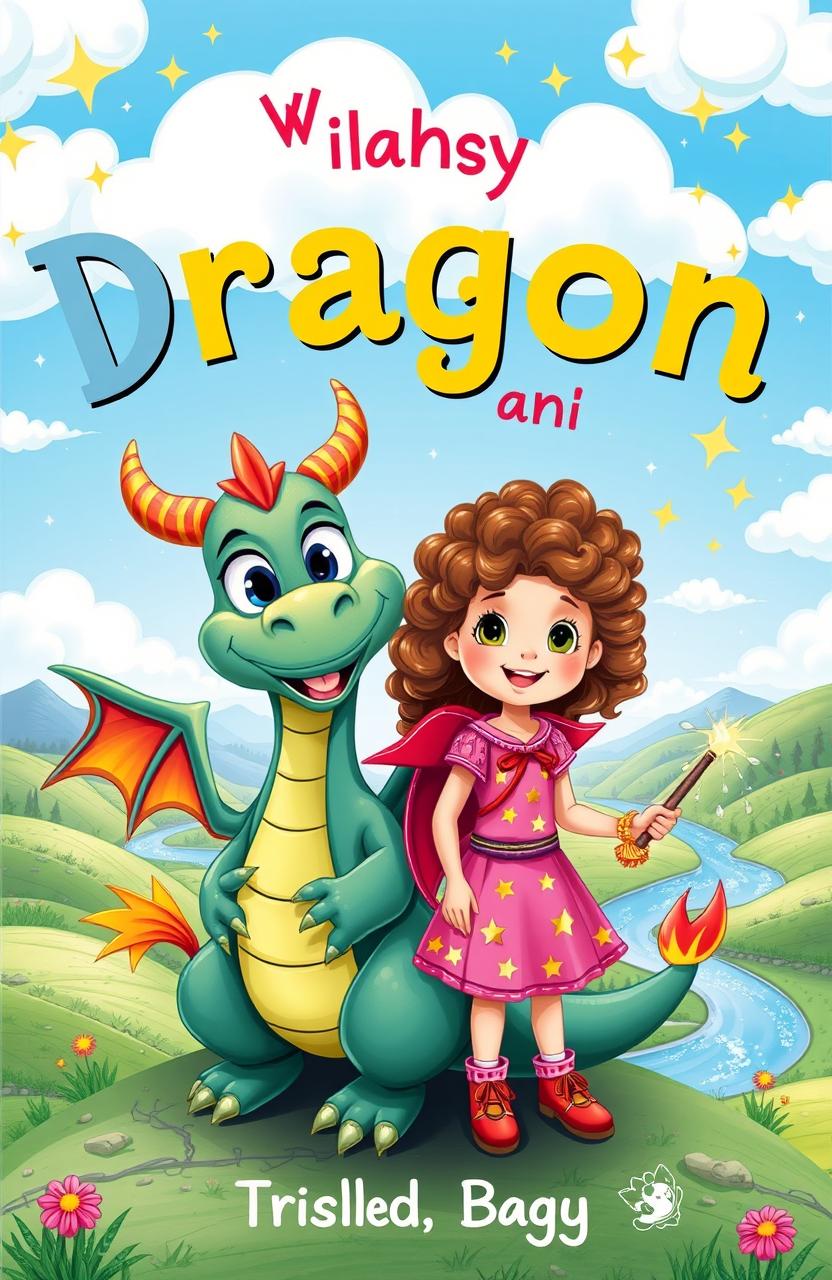 A whimsical and colorful children’s book cover featuring a friendly dragon and a brave little girl holding a magical wand