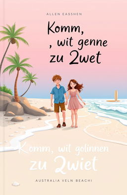 A vibrant pastel-colored book cover featuring two young people, a boy and a girl, joyfully exploring the beautiful beaches of Australia