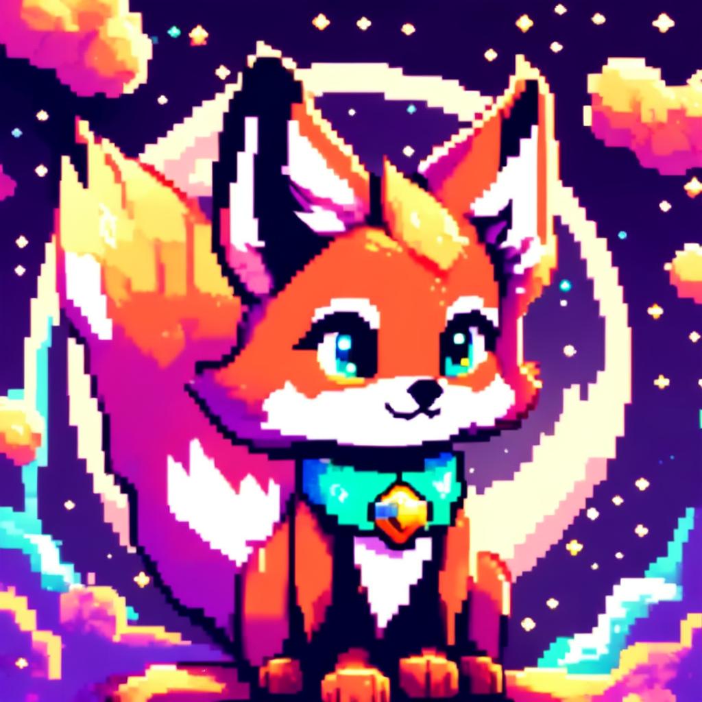 Pixel art profile picture featuring a new adorable fox with bright eyes and a cheerful pose against a cosmic background.