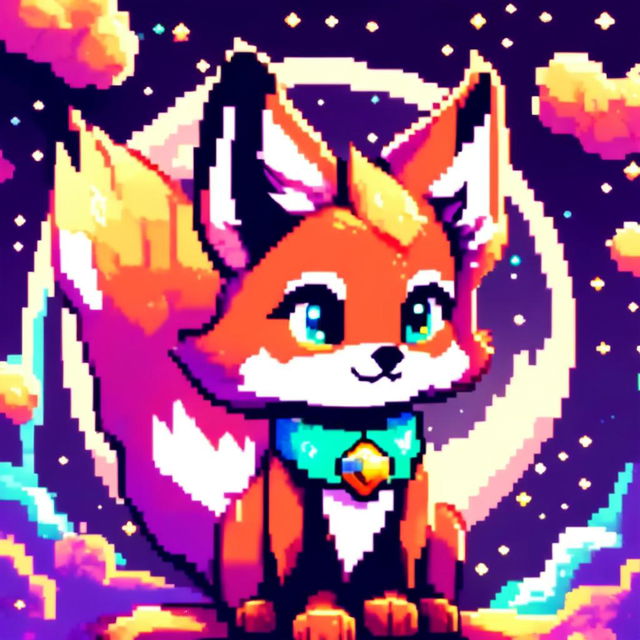 Pixel art profile picture featuring a new adorable fox with bright eyes and a cheerful pose against a cosmic background.