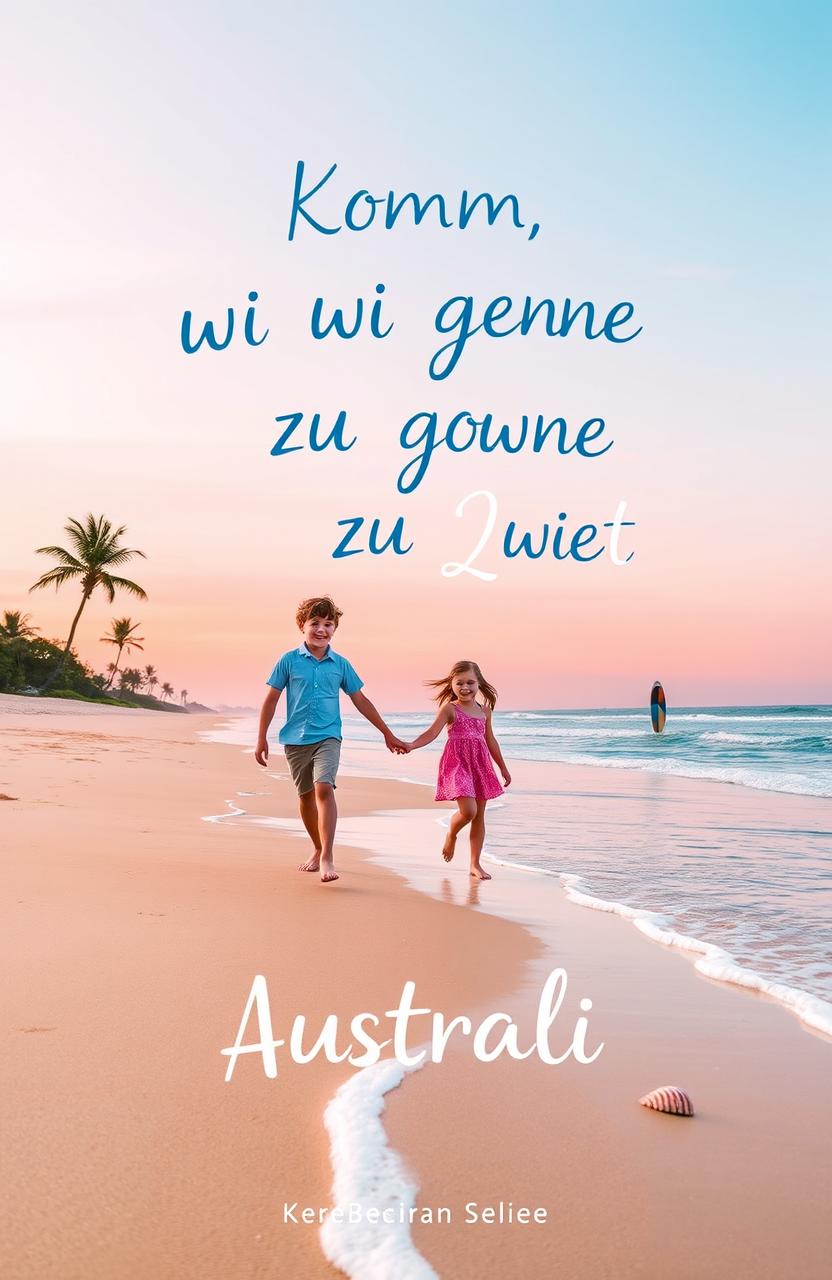 A vibrant pastel-colored book cover featuring two young people, a boy and a girl, joyfully exploring the beautiful beaches of Australia
