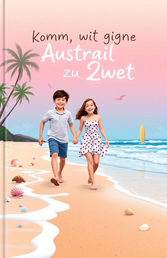 A vibrant pastel-colored book cover featuring two young people, a boy and a girl, joyfully exploring the beautiful beaches of Australia