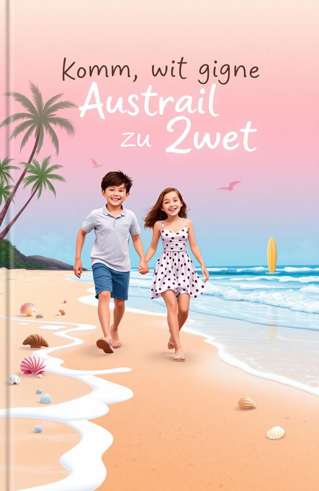 A vibrant pastel-colored book cover featuring two young people, a boy and a girl, joyfully exploring the beautiful beaches of Australia