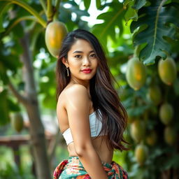 A beautiful 30-year-old Thai woman with striking features, including full lips and arched eyebrows, has long flowing hair