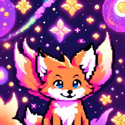 Pixel art profile picture featuring a new adorable fox with bright eyes and a cheerful pose against a cosmic background.