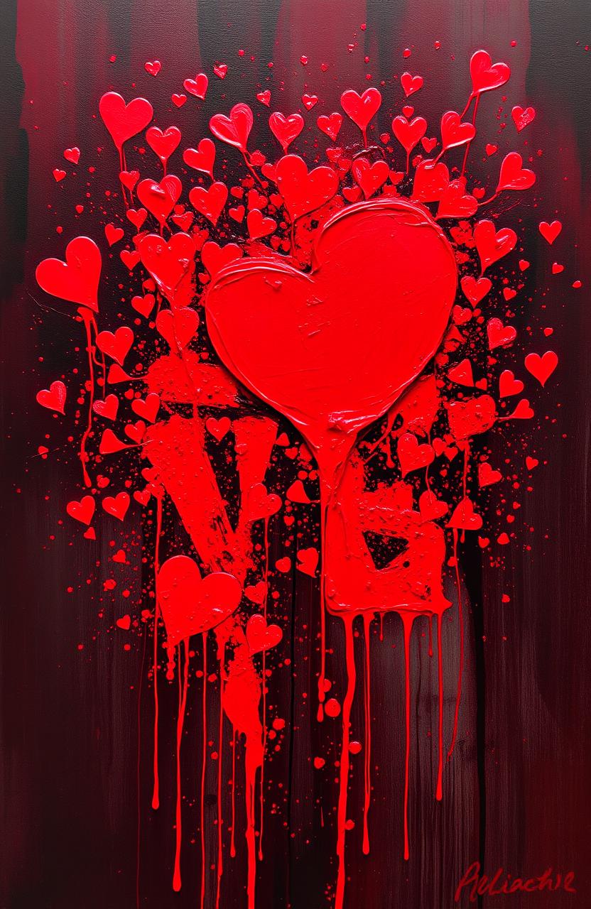 An abstract expression of love symbolized by vibrant red paint resembling blood splatters on a canvas