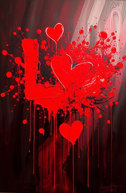 An abstract expression of love symbolized by vibrant red paint resembling blood splatters on a canvas