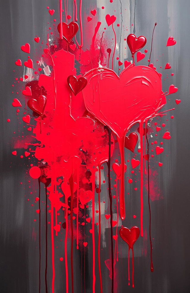 An abstract expression of love symbolized by vibrant red paint resembling blood splatters on a canvas