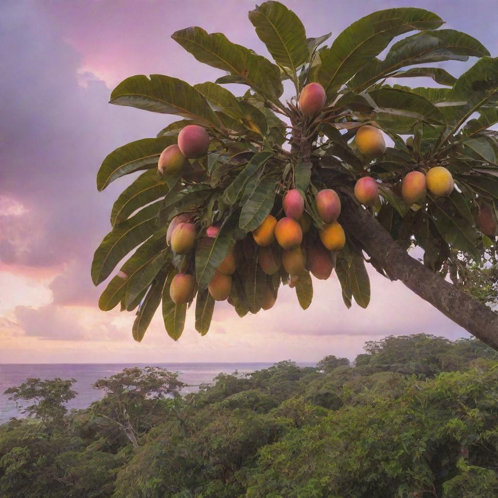 A vibrant Caribbean scene with a lush mango tree bearing ripe fruit in the foreground