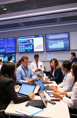 An advanced analytics workshop on health data, showcasing a diverse group of healthcare professionals engaging in discussions and collaborative activities
