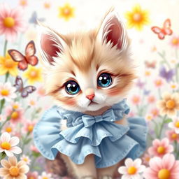 A cute, kawaii-style kitten wearing an adorable blue dress