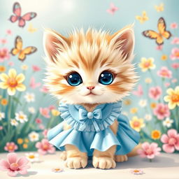 A cute, kawaii-style kitten wearing an adorable blue dress