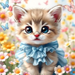 A cute, kawaii-style kitten wearing an adorable blue dress