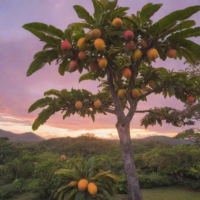 A vibrant Caribbean scene with a lush mango tree bearing ripe fruit in the foreground