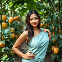 A beautiful 30-year-old Thai woman with long hair, arched eyebrows, and sharp eyes