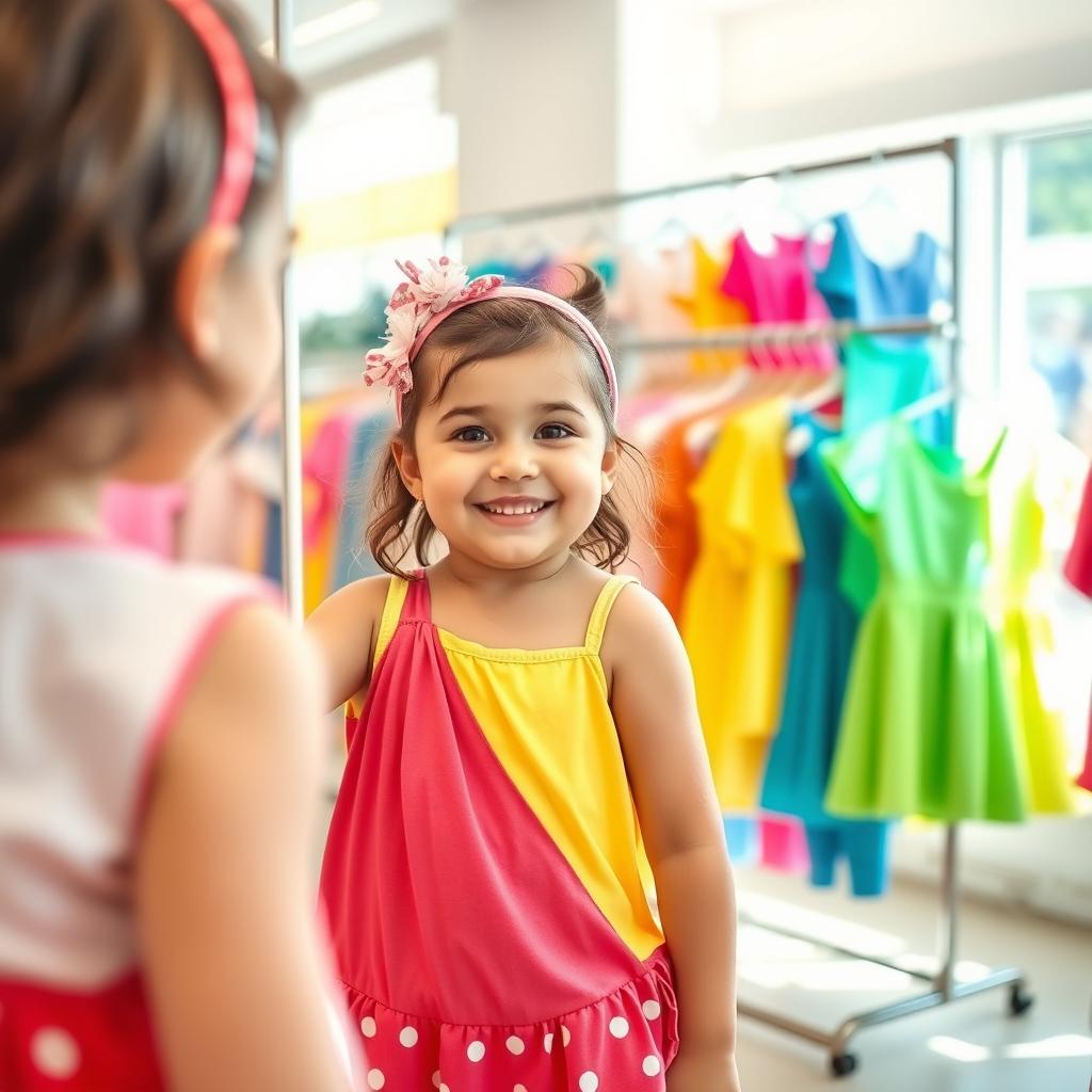 A cute, cheerful young girl, slightly overweight, playfully trying on colorful clothes in a bright and cheerful clothing store