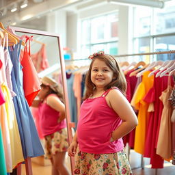 A cute, cheerful young girl, slightly overweight, playfully trying on colorful clothes in a bright and cheerful clothing store