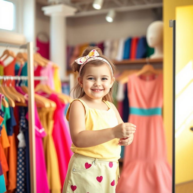 A cute, cheerful young girl, slightly overweight, playfully trying on colorful clothes in a bright and cheerful clothing store