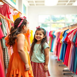A cute, cheerful young girl, slightly overweight, playfully trying on colorful clothes in a bright and cheerful clothing store