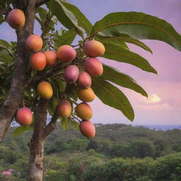 A vibrant Caribbean scene with a lush mango tree bearing ripe fruit in the foreground