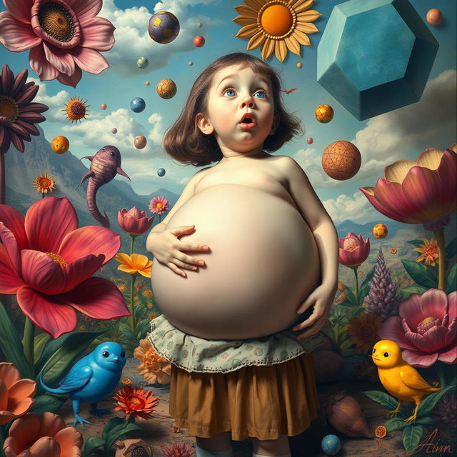 A surreal and shocking representation of a young girl with a large, bloated belly in a whimsical, dream-like environment