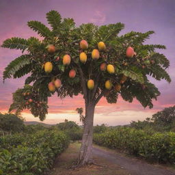 A vibrant Caribbean scene with a lush mango tree bearing ripe fruit in the foreground