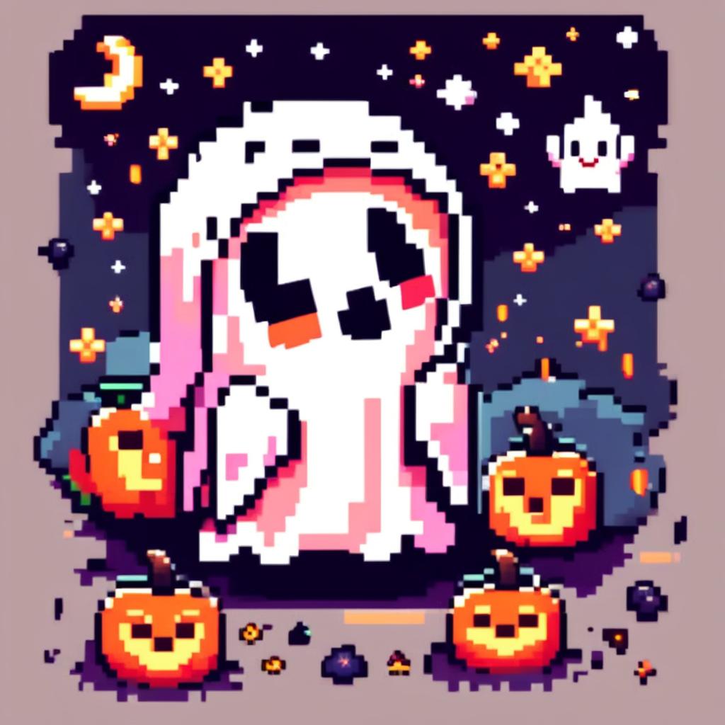 Pixel art PFP featuring an adorable ghost surrounded by classic Halloween elements like a pumpkin, black cat, and bat against a starry night sky