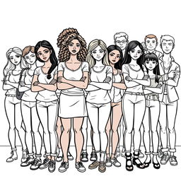 A realistic outlined coloring image depicting a group of diverse teenage girls of various body sizes and skin colors, standing together with serious expressions and arms crossed in front of a group of rude boys who are pointing at them