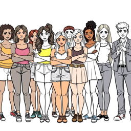 A realistic outlined coloring image depicting a group of diverse teenage girls of various body sizes and skin colors, standing together with serious expressions and arms crossed in front of a group of rude boys who are pointing at them