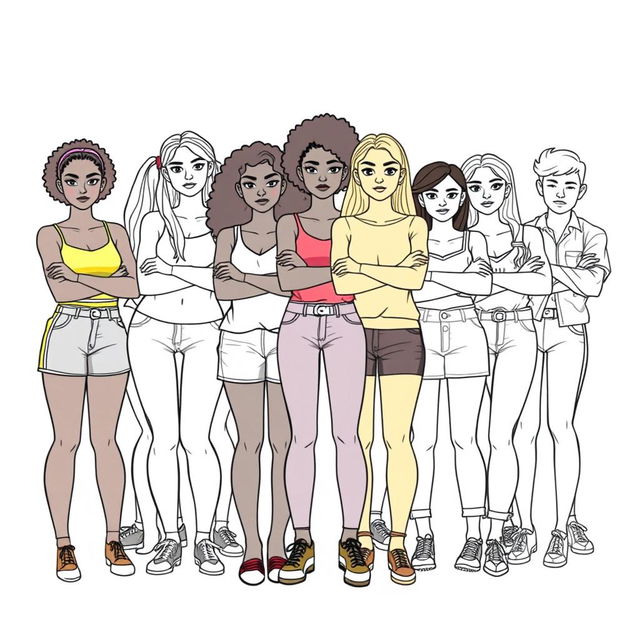 A realistic outlined coloring image depicting a group of diverse teenage girls of various body sizes and skin colors, standing together with serious expressions and arms crossed in front of a group of rude boys who are pointing at them