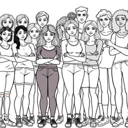 A realistic outlined coloring image depicting a group of diverse teenage girls of various body sizes and skin colors, standing together with serious expressions and arms crossed in front of a group of rude boys who are pointing at them