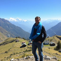 A man standing confidently on a rugged mountain terrain, wearing a vibrant blue scarf that flutters gently in the wind