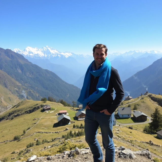 A man standing confidently on a rugged mountain terrain, wearing a vibrant blue scarf that flutters gently in the wind