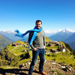 A man standing confidently on a rugged mountain terrain, wearing a vibrant blue scarf that flutters gently in the wind