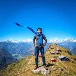 A man standing confidently on a rugged mountain terrain, wearing a vibrant blue scarf that flutters gently in the wind