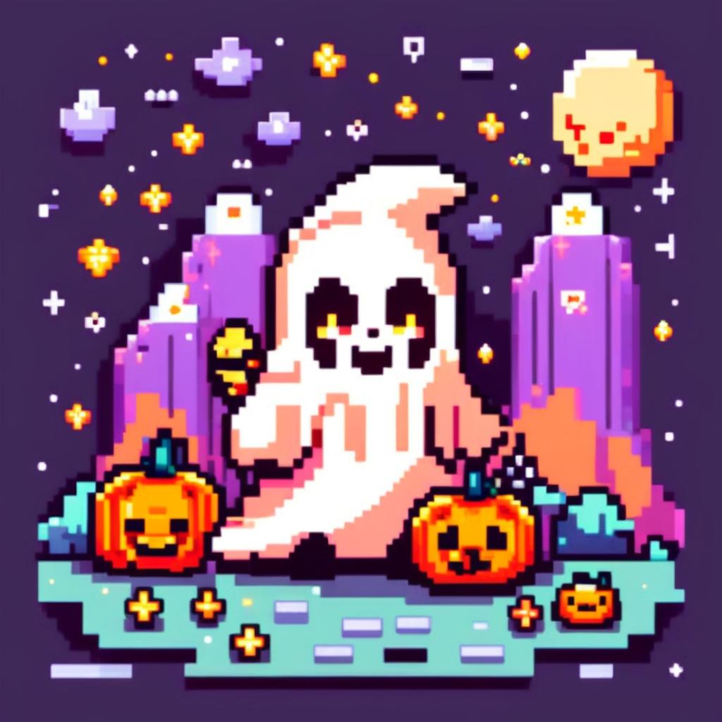 Pixel art PFP featuring an adorable ghost surrounded by classic Halloween elements like a pumpkin, black cat, and bat against a starry night sky