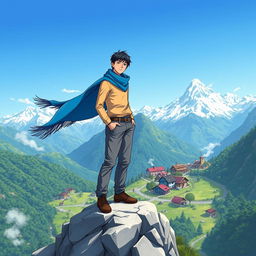 An anime-style illustration featuring a man standing confidently on a rugged mountain peak, adorned in a flowing, vibrant blue scarf that billows dramatically in the wind