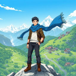 An anime-style illustration featuring a man standing confidently on a rugged mountain peak, adorned in a flowing, vibrant blue scarf that billows dramatically in the wind