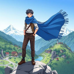 An anime-style illustration featuring a man standing confidently on a rugged mountain peak, adorned in a flowing, vibrant blue scarf that billows dramatically in the wind