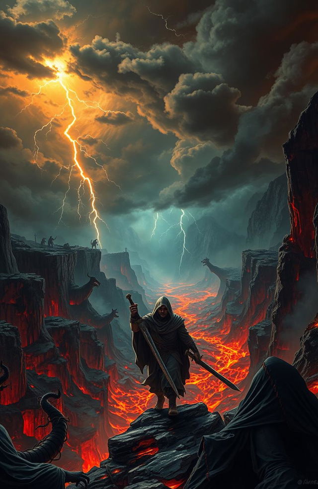 A dramatic and intense descent to hell, showcasing a fiery underworld filled with molten lava rivers, jagged rock formations, and eerie shadows