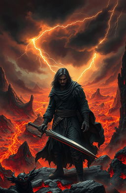A dramatic and intense descent to hell, showcasing a fiery underworld filled with molten lava rivers, jagged rock formations, and eerie shadows