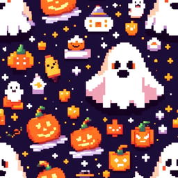 Pixel art PFP featuring an adorable ghost surrounded by classic Halloween elements like a pumpkin, black cat, and bat against a starry night sky