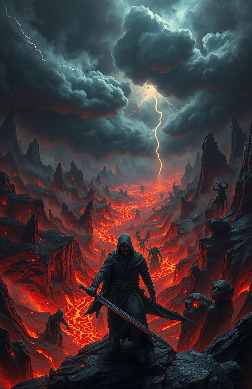 A dramatic and intense descent to hell, showcasing a fiery underworld filled with molten lava rivers, jagged rock formations, and eerie shadows