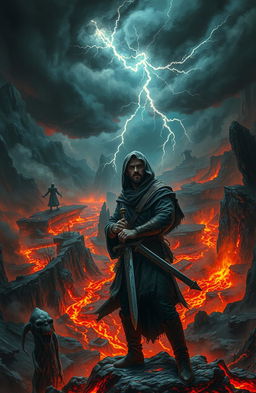 A dramatic and intense descent to hell, showcasing a fiery underworld filled with molten lava rivers, jagged rock formations, and eerie shadows