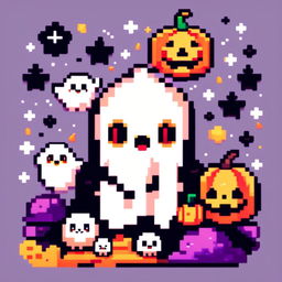 Pixel art PFP featuring an adorable ghost surrounded by classic Halloween elements like a pumpkin, black cat, and bat against a starry night sky