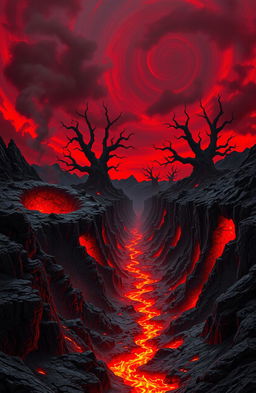 A surreal and dark landscape depicting a descent into hell, featuring jagged rocky terrain, deep craters emitting ominous red glow, and swirling clouds of smoke and ash