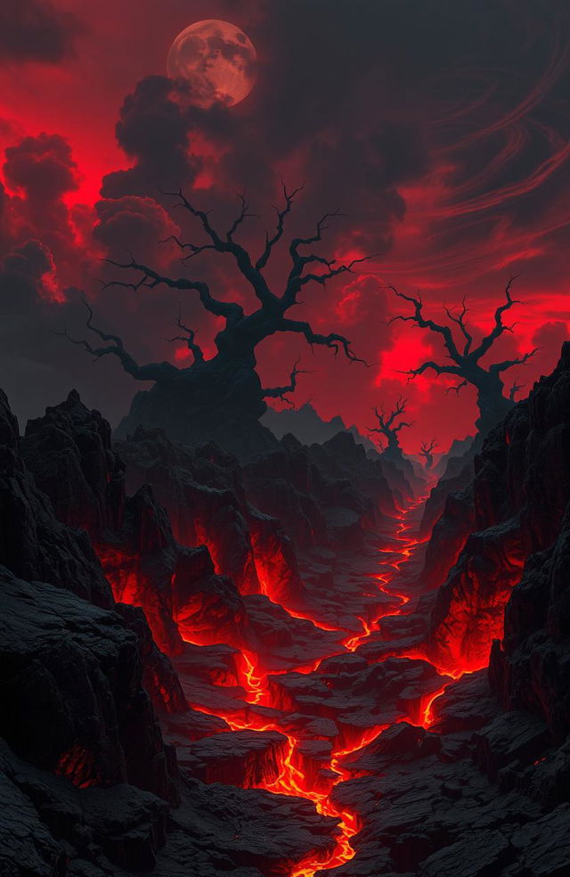 A surreal and dark landscape depicting a descent into hell, featuring jagged rocky terrain, deep craters emitting ominous red glow, and swirling clouds of smoke and ash