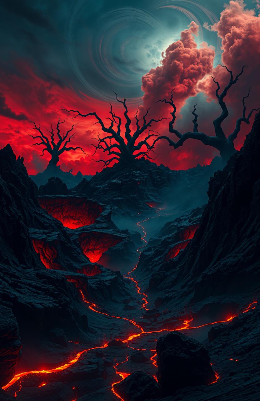 A surreal and dark landscape depicting a descent into hell, featuring jagged rocky terrain, deep craters emitting ominous red glow, and swirling clouds of smoke and ash